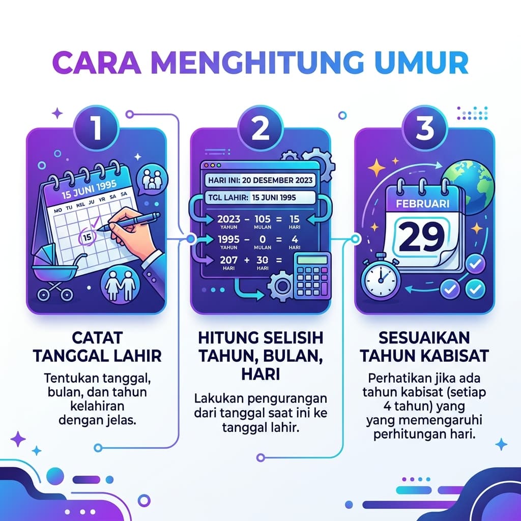 Langkah-langkah menghitung umur: catat tanggal lahir, hitung selisih tahun-bulan-hari, sesuaikan tahun kabisat