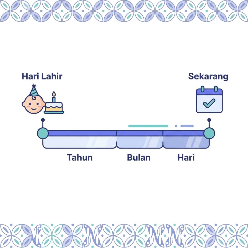 Ilustrasi timeline perhitungan umur dari tanggal lahir hingga hari ini